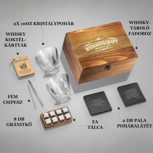 Prémium whisky szett tartalma – kristálypoharak, gránitkövek, fa tálca, pala poháralátétek