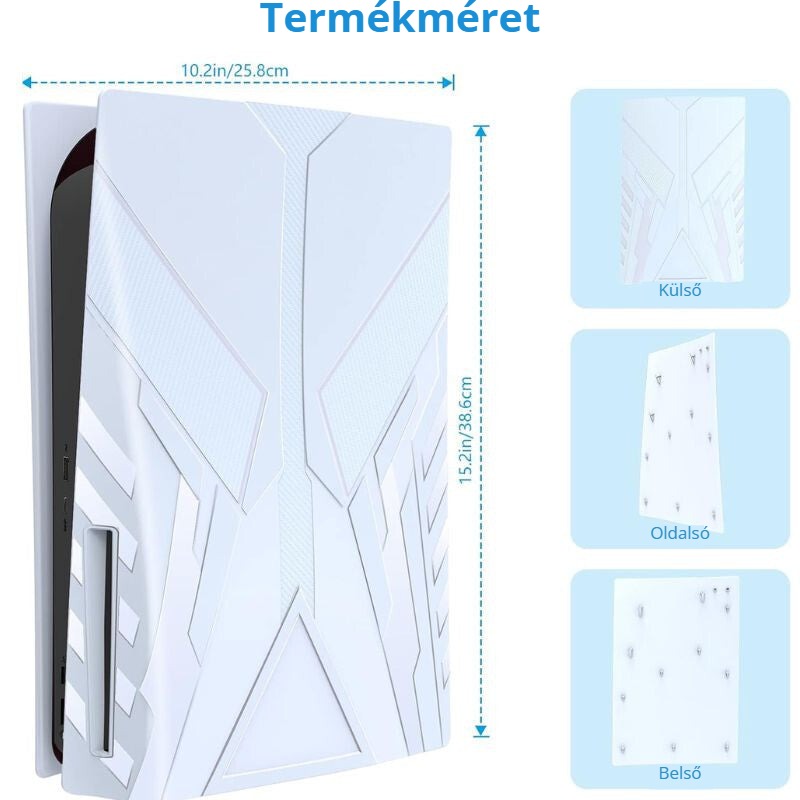 PS5 előlap termékméret – 25,8 x 38,6 cm, külső, oldalsó és belső nézet