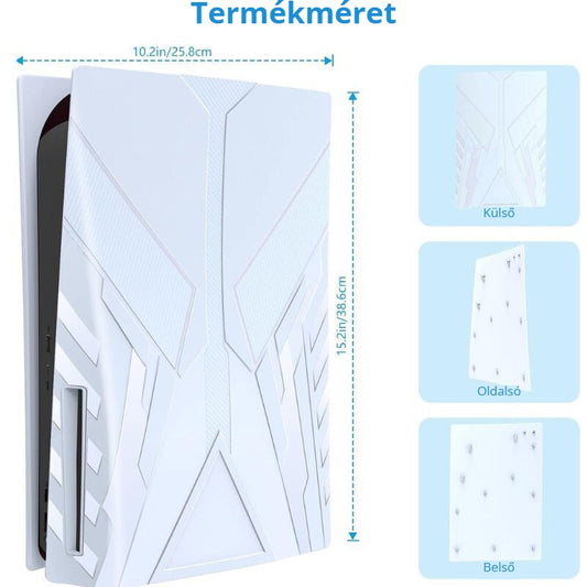 PS5 előlap termékméret – 25,8 x 38,6 cm, külső, oldalsó és belső nézet