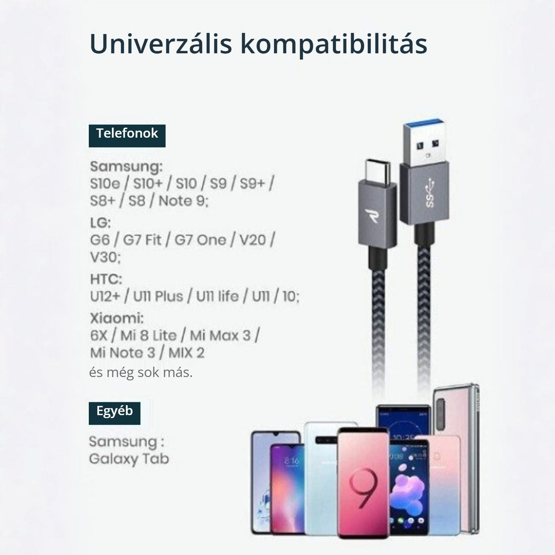 Rampow RAC02 USB-C kábel – univerzális kompatibilitás telefonokkal és tabletekkel