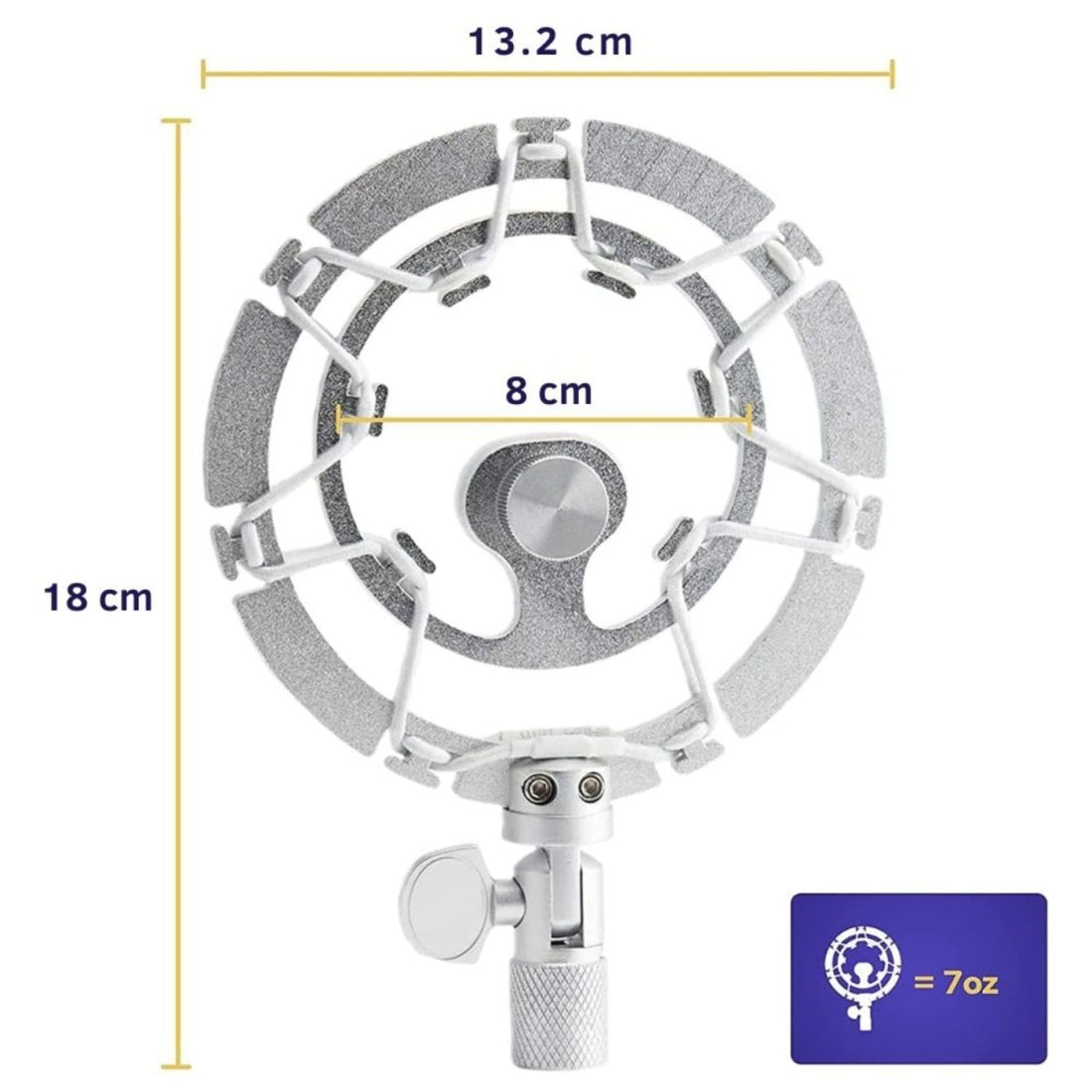 Shock mount mikrofontartó méretei: 13,2 cm széles, 18 cm magas, 8 cm belső átmérő