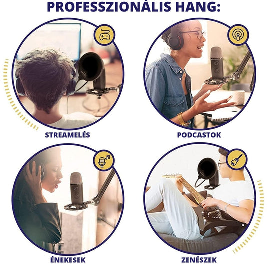 Shock mount mikrofontartó – professzionális hang streameléshez, podcasthoz, énekhez, zenéhez