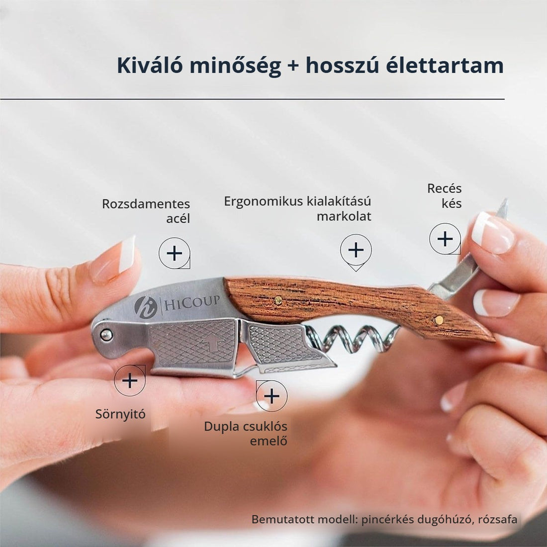 Sommelier dugóhúzó – rozsdamentes acél, ergonomikus markolat, recés kés