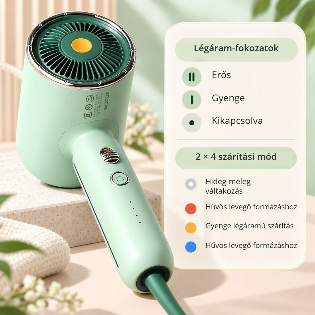 Soocas RH1 ionos hajszárító légáram-fokozatok és 2 × 4 szárítási mód