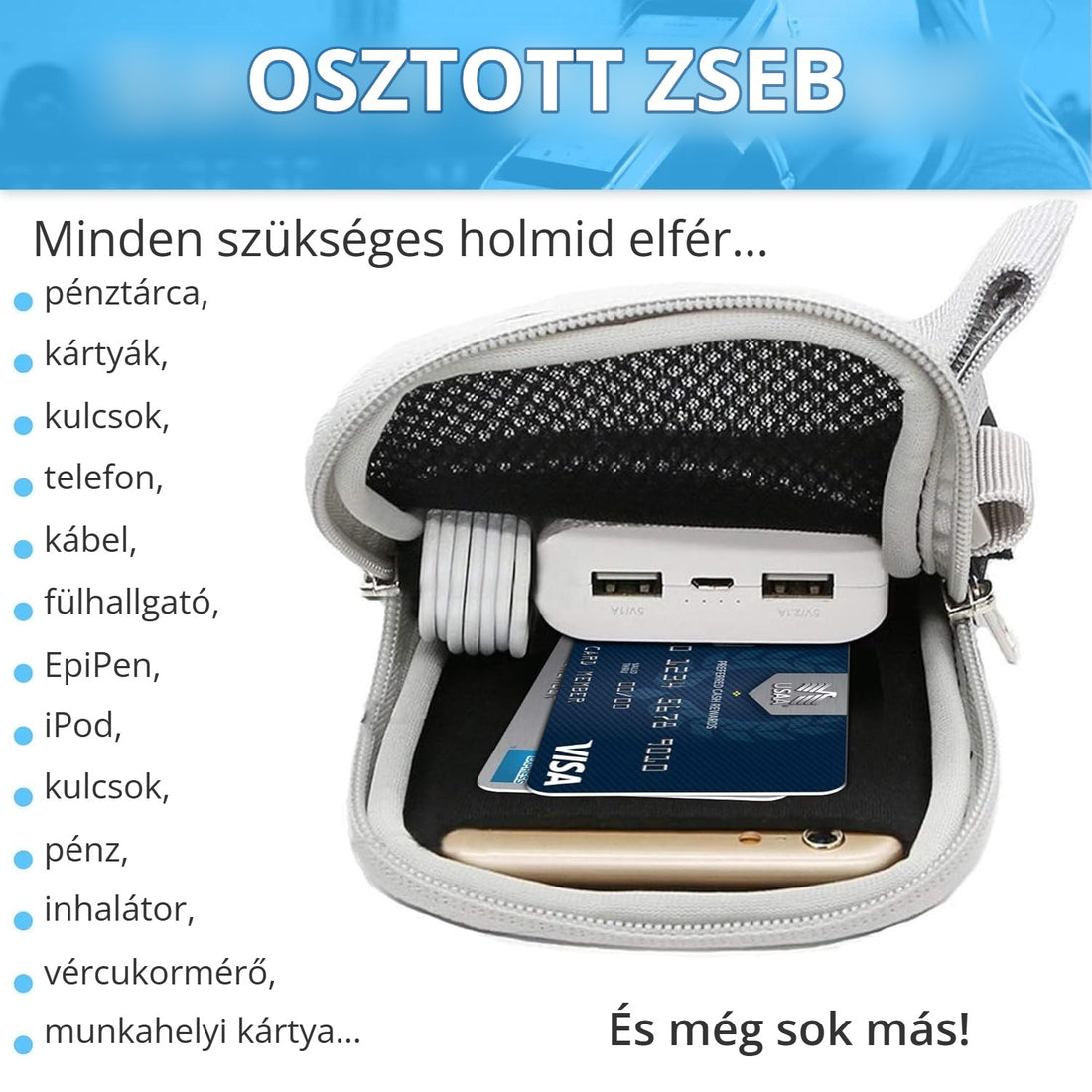 Sport telefontartó karpánt – osztott zseb kulcsnak, kártyának, telefonnak