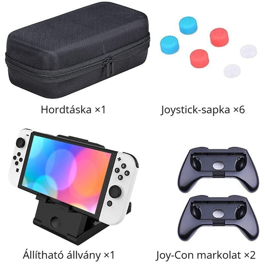 Nintendo Switch tok szett tartalma – hordtáska, joystick-sapkák, állvány, Joy-Con markolat