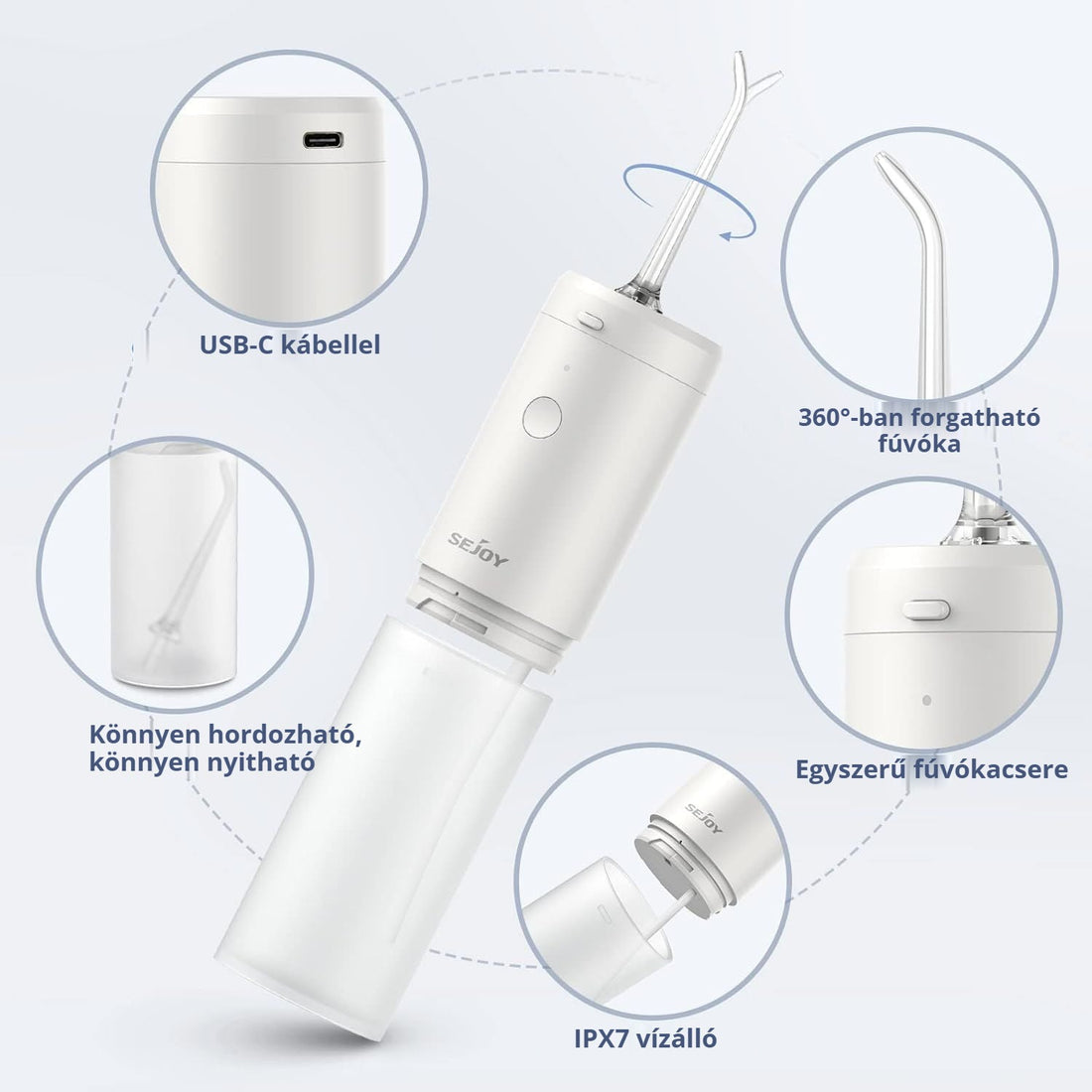 Elektromos szájzuhany – USB-C kábel, 360°-ban forgatható fúvóka, IPX7 vízálló