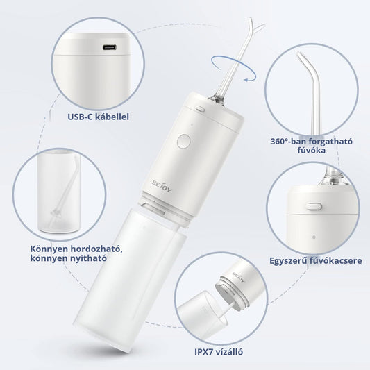 Elektromos szájzuhany – USB-C kábel, 360°-ban forgatható fúvóka, IPX7 vízálló
