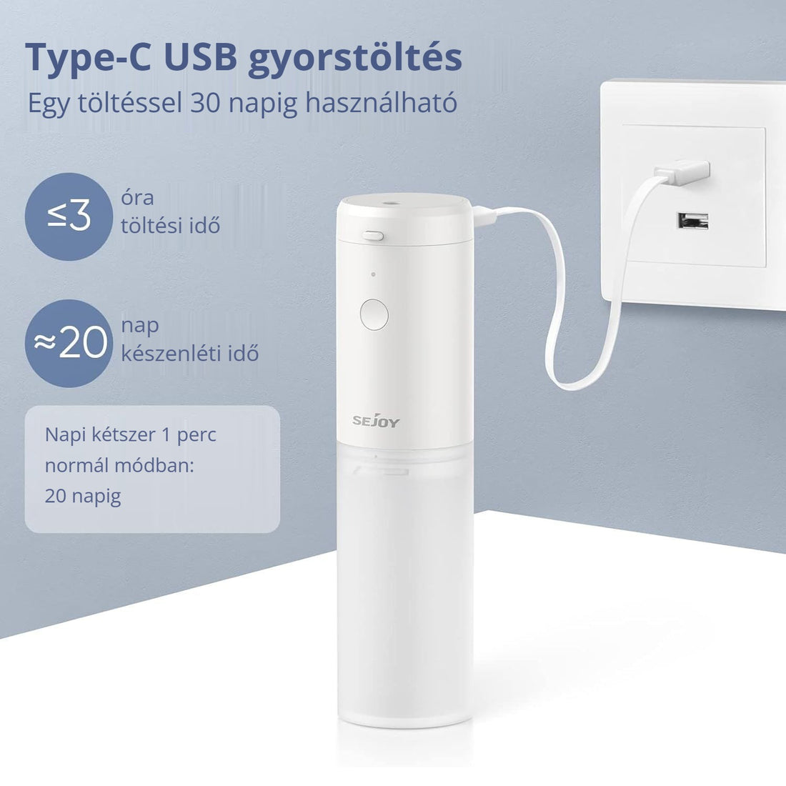 Elektromos szájzuhany Type-C USB gyorstöltéssel – egy töltéssel 30 napig használható