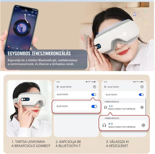 BLux szemmasszírozó Bluetooth zenével – egygombos csatlakoztatás