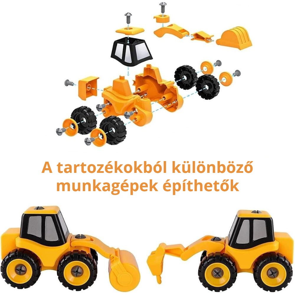 Szétszedhető munkagép játék szett – a tartozékokból különböző munkagépek építhetők