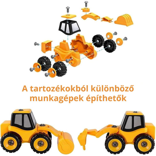 Szétszedhető munkagép játék szett – a tartozékokból különböző munkagépek építhetők