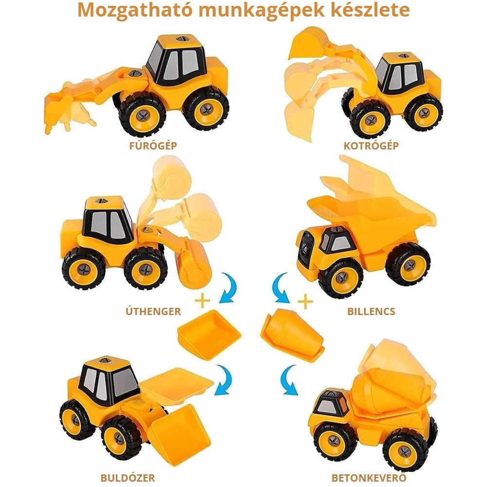 Szétszedhető munkagép játék szett – fúrógép, kotrógép, úthenger, billencs, buldózer, betonkeverő