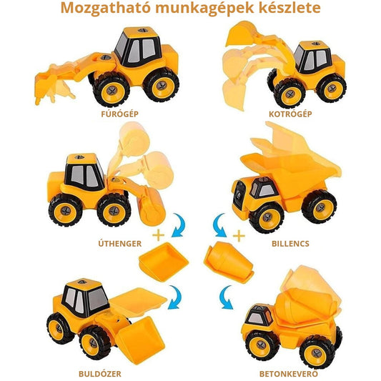 Szétszedhető munkagép játék szett – fúrógép, kotrógép, úthenger, billencs, buldózer, betonkeverő