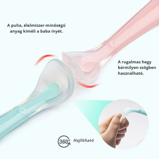 Szilikon babakanál rugalmas heggyel – kíméli a baba ínyét
