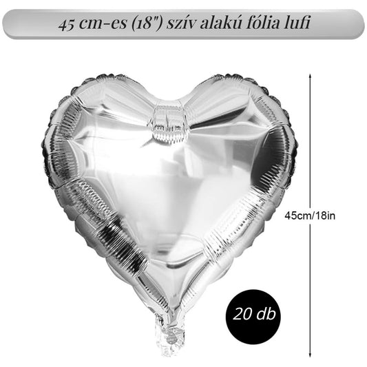 Szív alakú fólia lufi 45 cm, 20 db