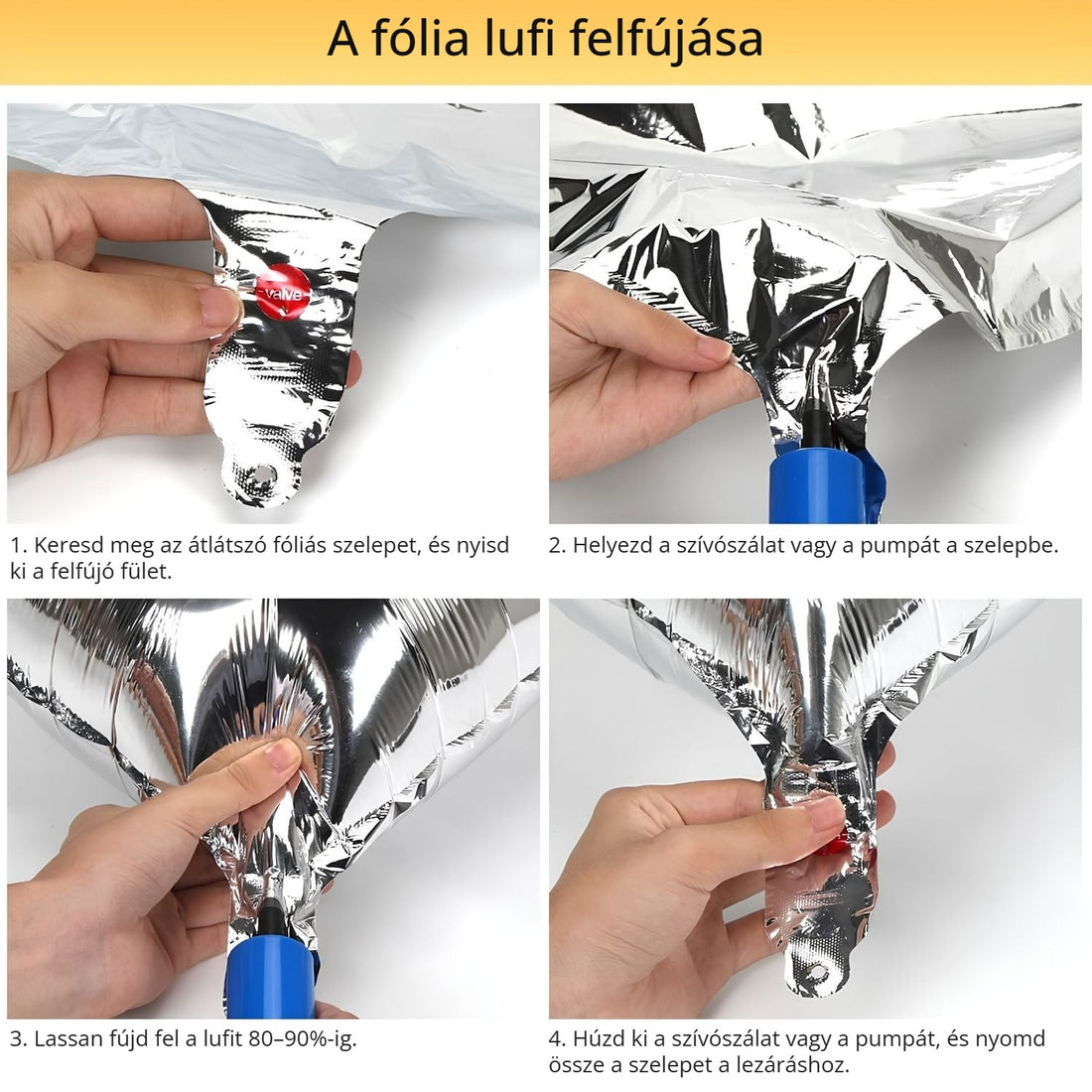 Szív alakú fólia lufi felfújása lépésről lépésre