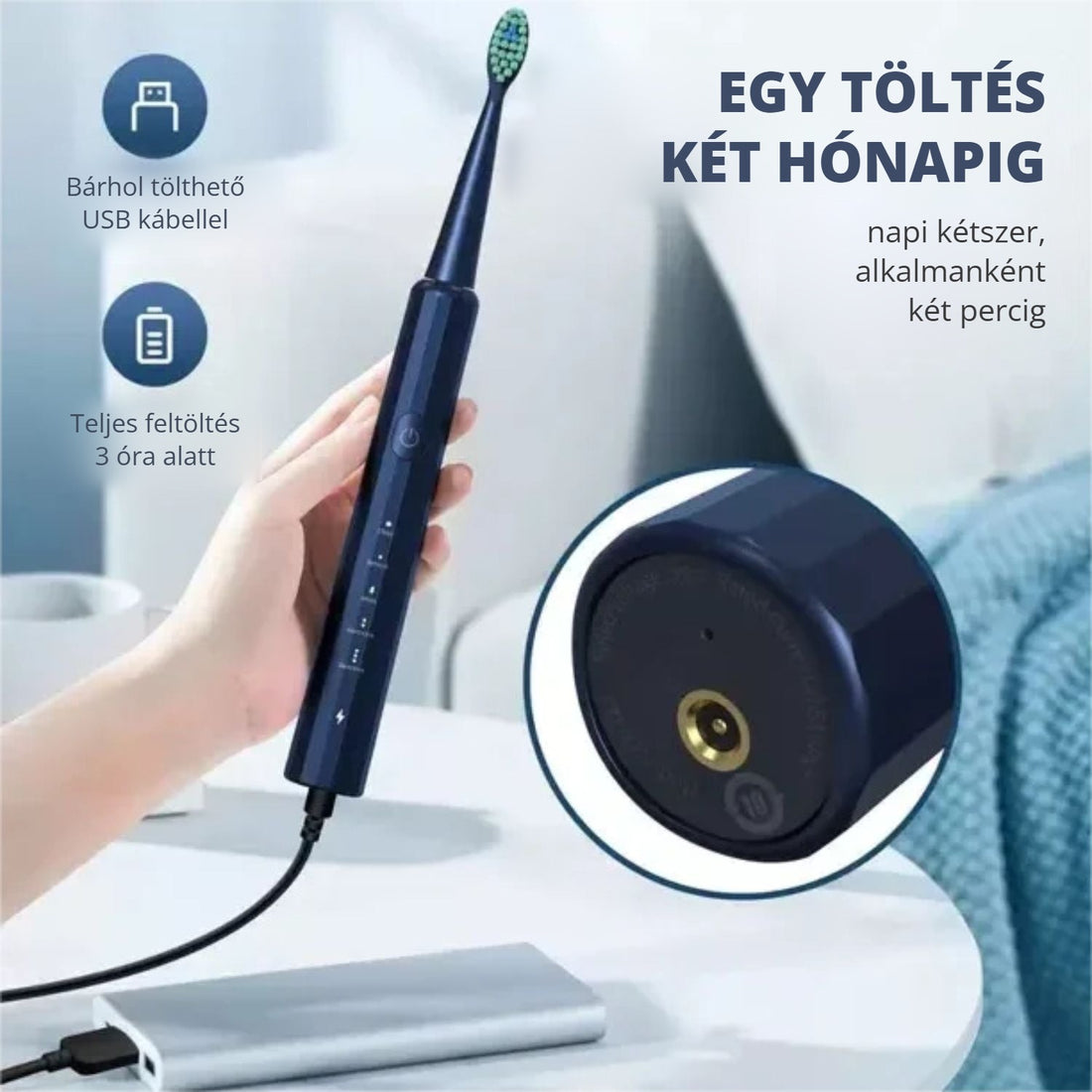 Sejoy szonikus elektromos fogkefe – egy töltés két hónapig, USB töltés