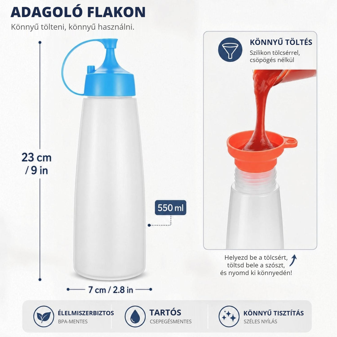 LikeSun szószadagoló flakon 550 ml – könnyű töltés szilikon tölcsérrel