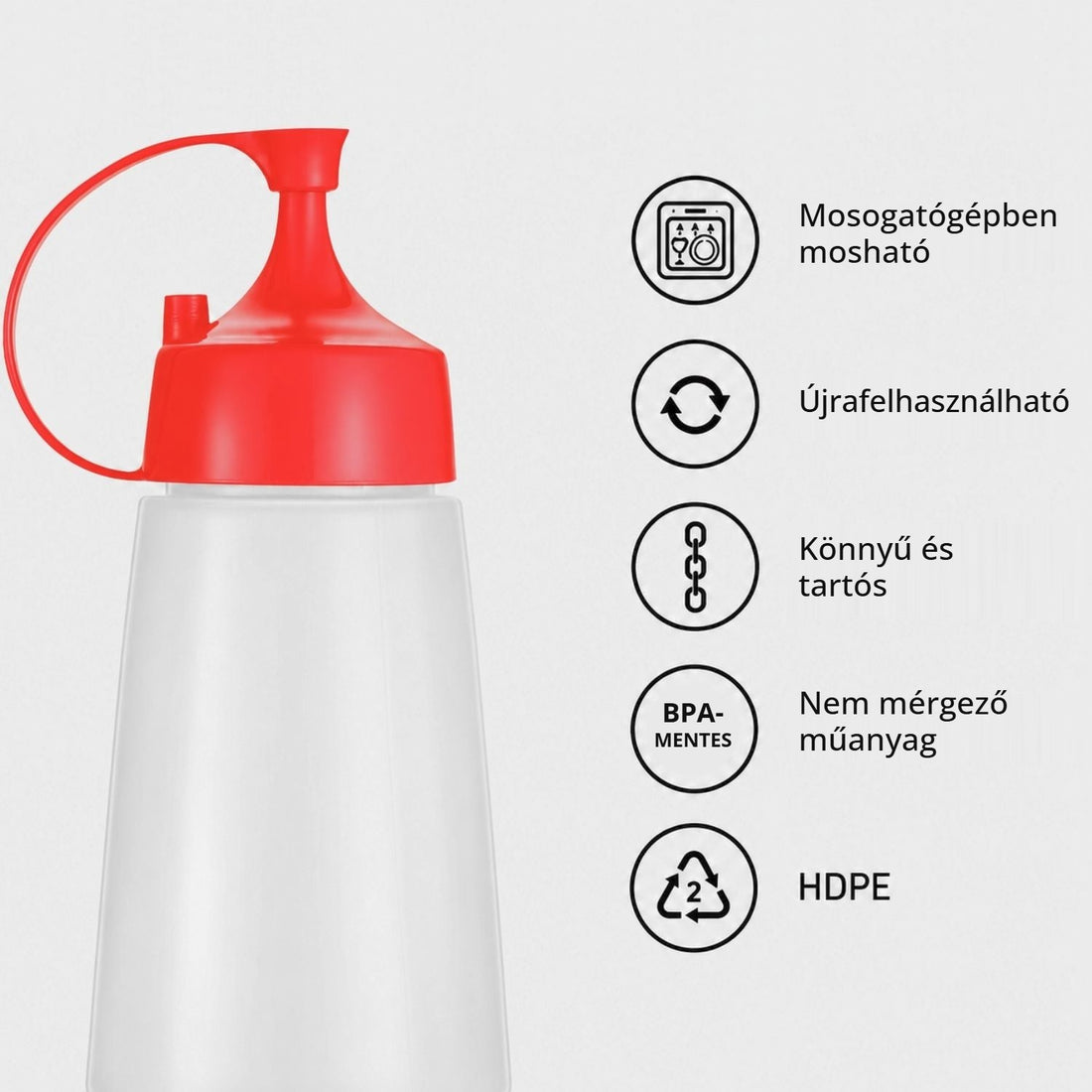 LikeSun szószadagoló flakon – mosogatógépben mosható, BPA-mentes HDPE