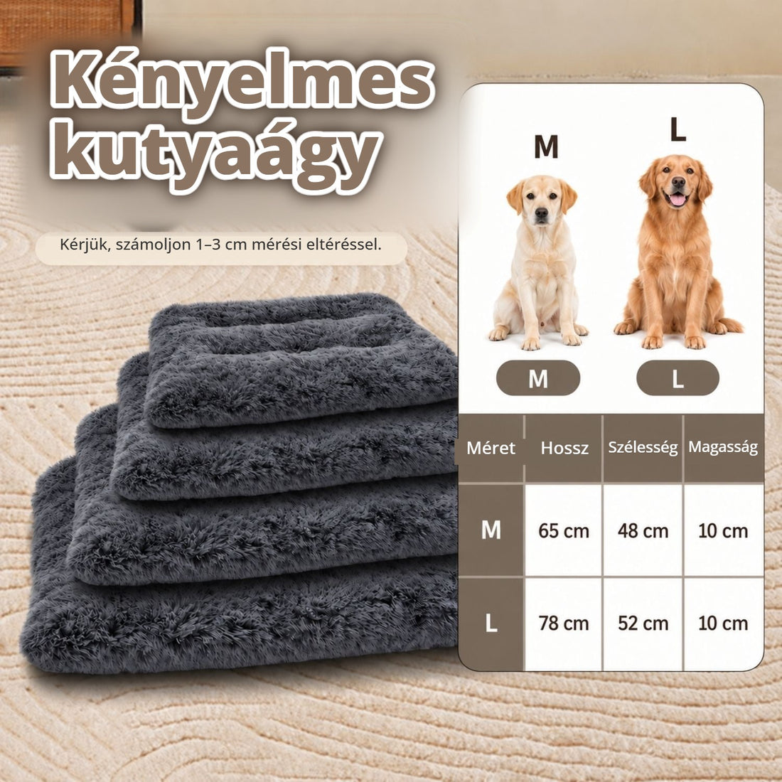 Tefomate kényelmes plüss kutyaágy – mérettáblázat