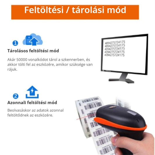 Tera vonalkódolvasó – tárolásos és azonnali feltöltési mód, 50000 kód memória
