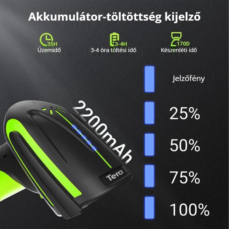 Tera 8100 vezeték nélküli vonalkódolvasó – 2200 mAh akkumulátor, töltöttségjelző