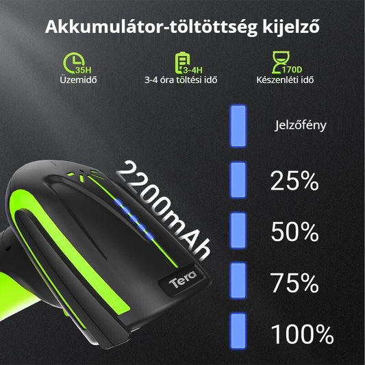 Tera 8100 vezeték nélküli vonalkódolvasó – 2200 mAh akkumulátor, töltöttségjelző