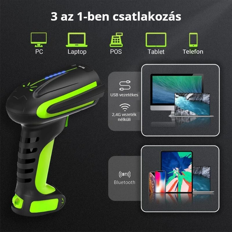 Tera 8100 vonalkódolvasó – 3 az 1-ben csatlakozás: USB, 2,4G, Bluetooth
