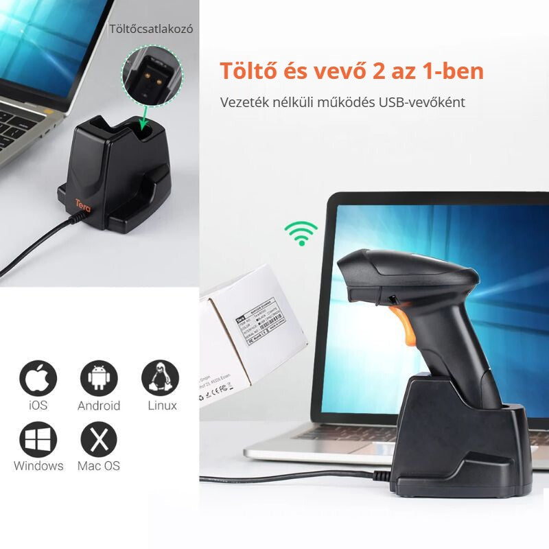 Tera HW0007-BT vonalkódolvasó – töltő és USB-vevő 2 az 1-ben