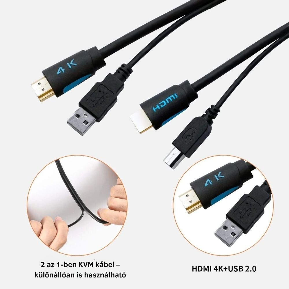 TESmart 2 az 1-ben KVM kábel HDMI 4K és USB 2.0 végei, rugalmas kábel
