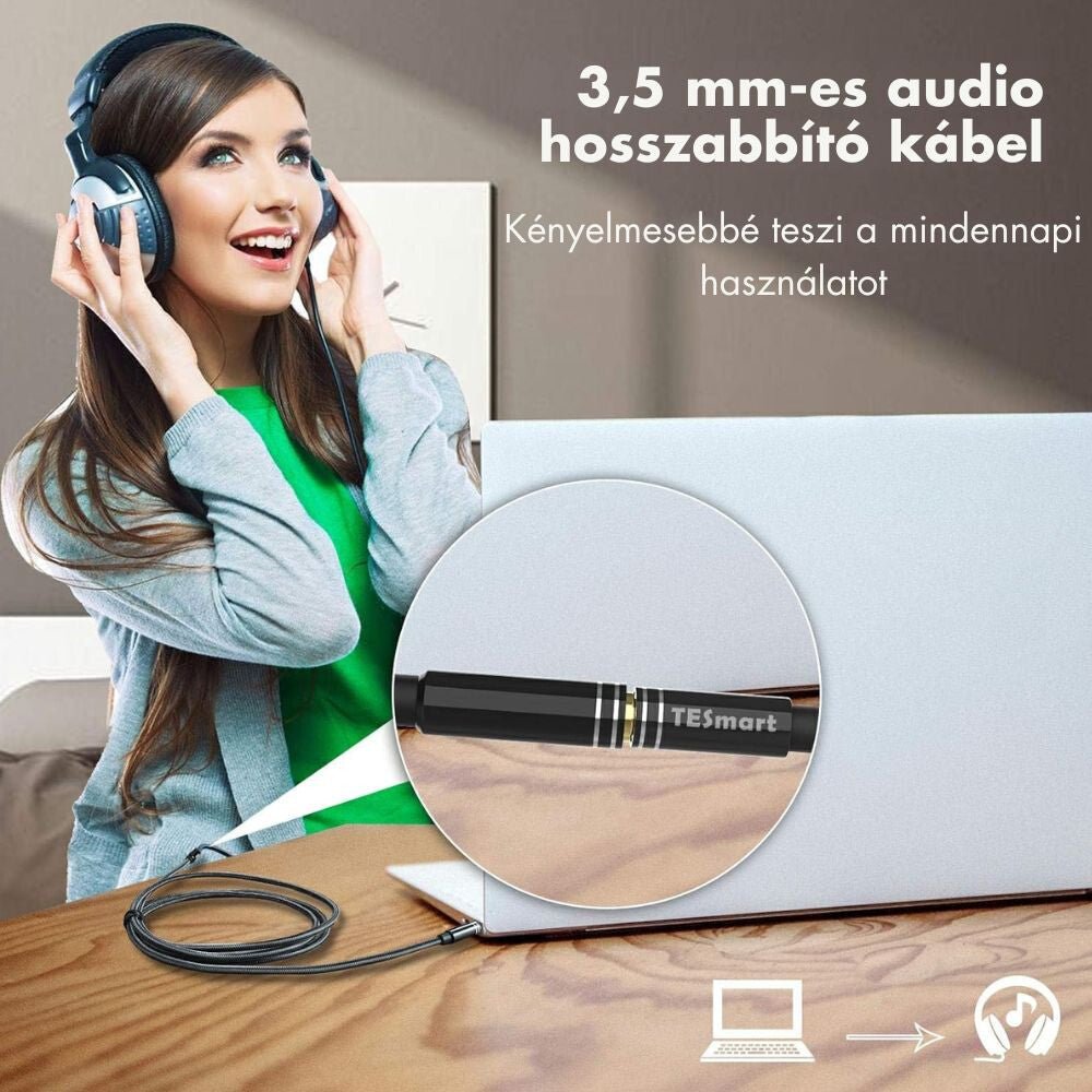 Nő fejhallgatóval laptop előtt, a TESmart hosszabbító kábel csatlakozója közelről