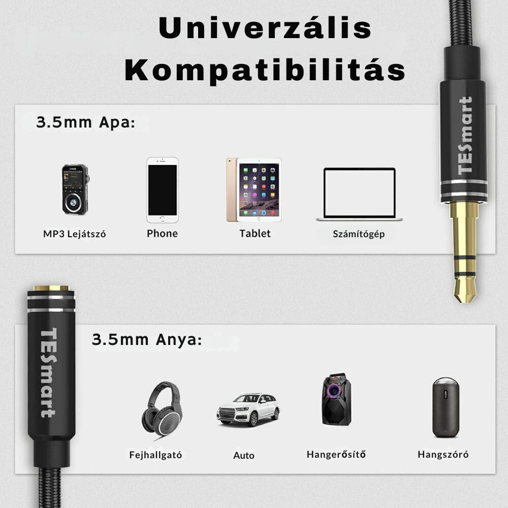 TESmart jack kábel kompatibilitása telefonnal, tablettel, fejhallgatóval és autóval