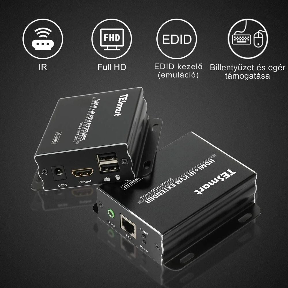 TESmart extender funkciói ikonokkal: IR, Full HD, EDID és billentyűzet-egér támogatás