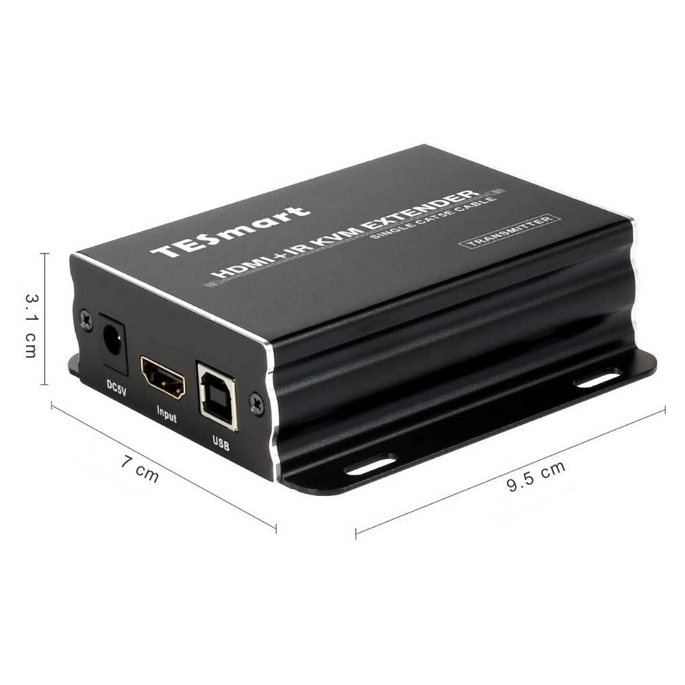 TESmart HDMI KVM extender egység méretei, fekete fémház rögzítőfülekkel