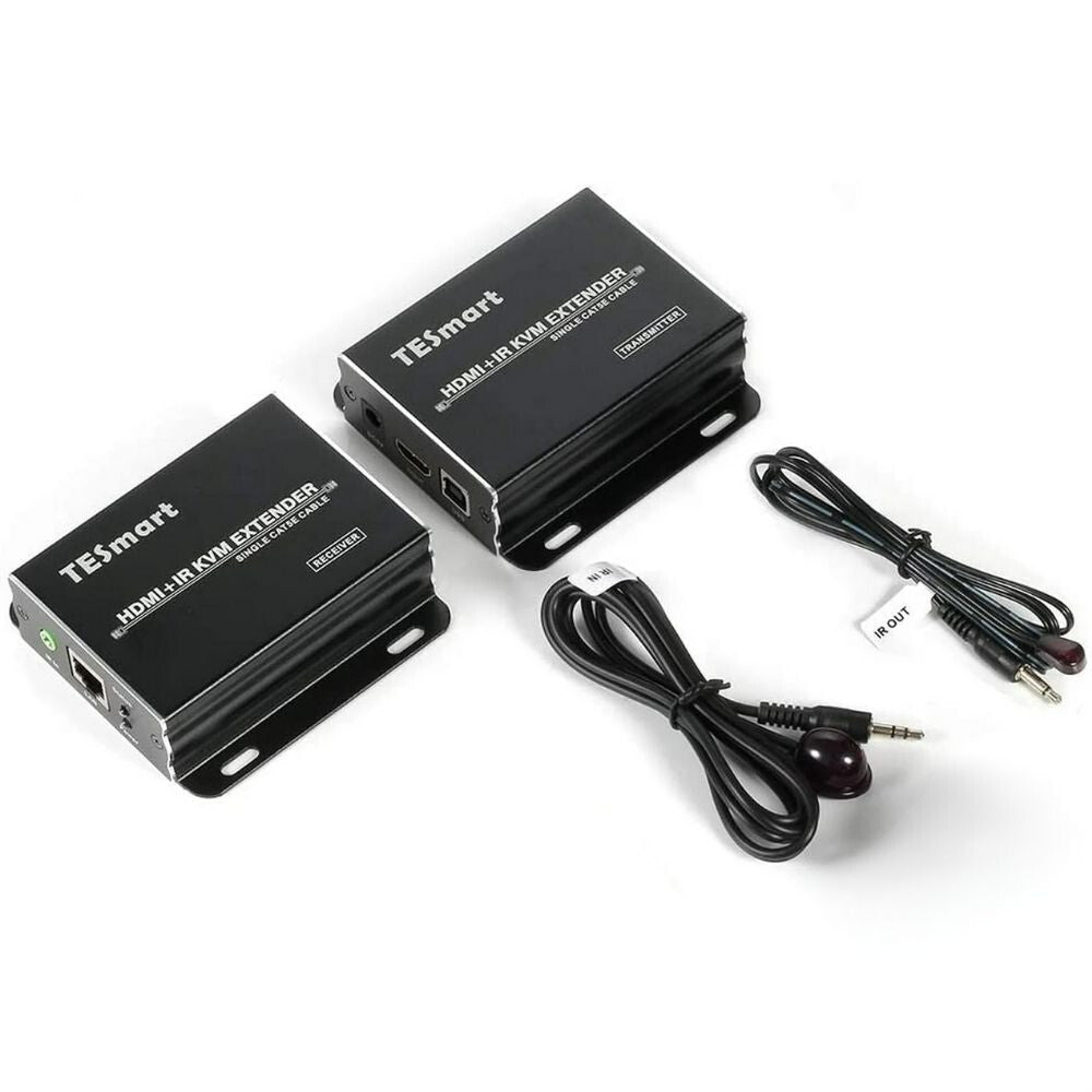 TESmart HDMI KVM extender csomag tartalma: két egység, IR adó és vevő kábel