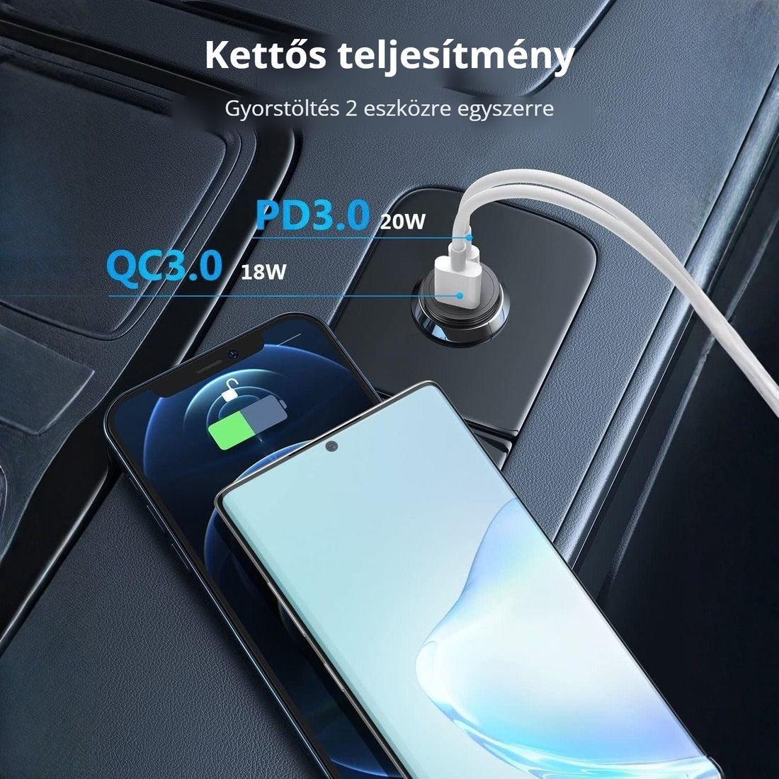 2 portos autós töltő – gyorstöltés 2 eszközre egyszerre, PD3.0 és QC3.0