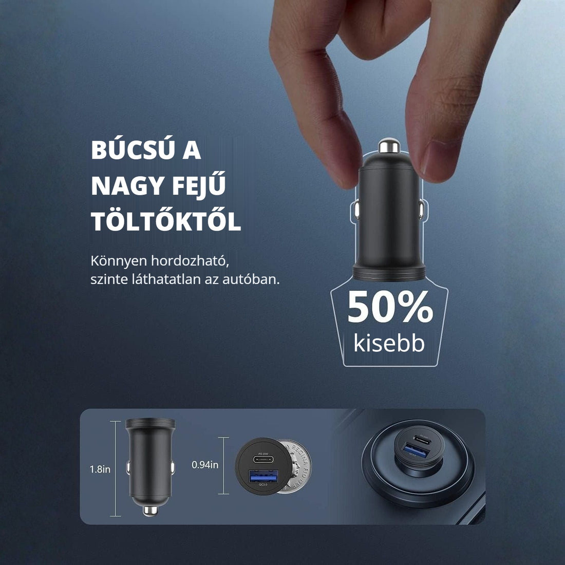 Mini USB-C autós töltő – 50%-kal kisebb, szinte láthatatlan az autóban