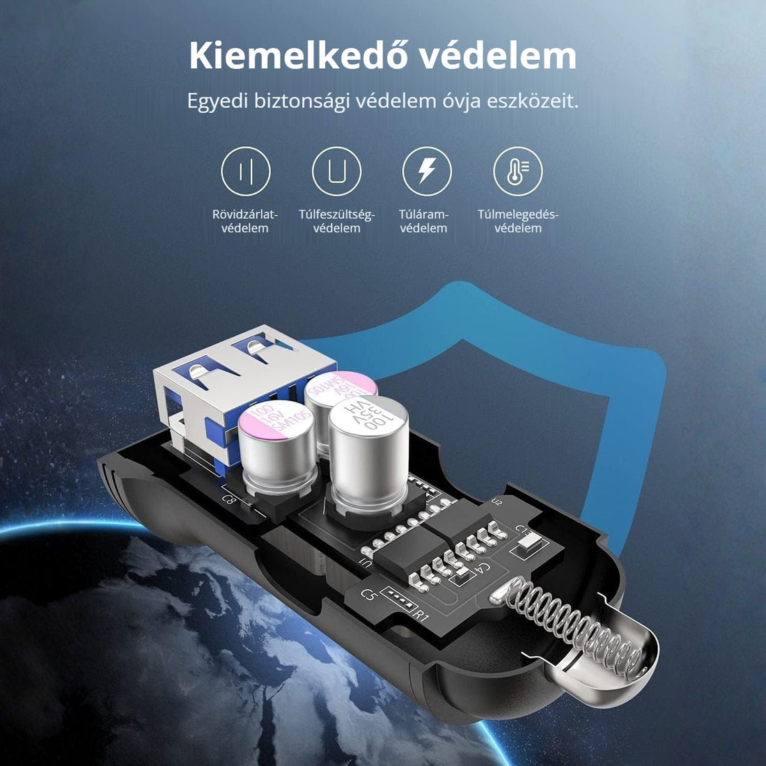 USB-C autós töltő – rövidzárlat-, túlfeszültség-, túláram- és túlmelegedés-védelem