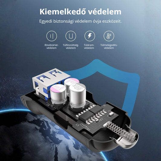 USB-C autós töltő – rövidzárlat-, túlfeszültség-, túláram- és túlmelegedés-védelem