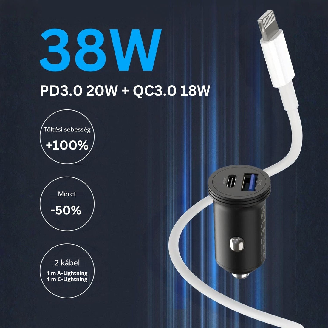 USB-C autós töltő – PD3.0 és QC3.0, 2 kábellel