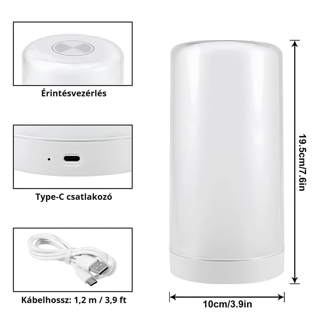 USB-s LED asztali lámpa méretei – Type-C csatlakozó, 1,2 m kábel