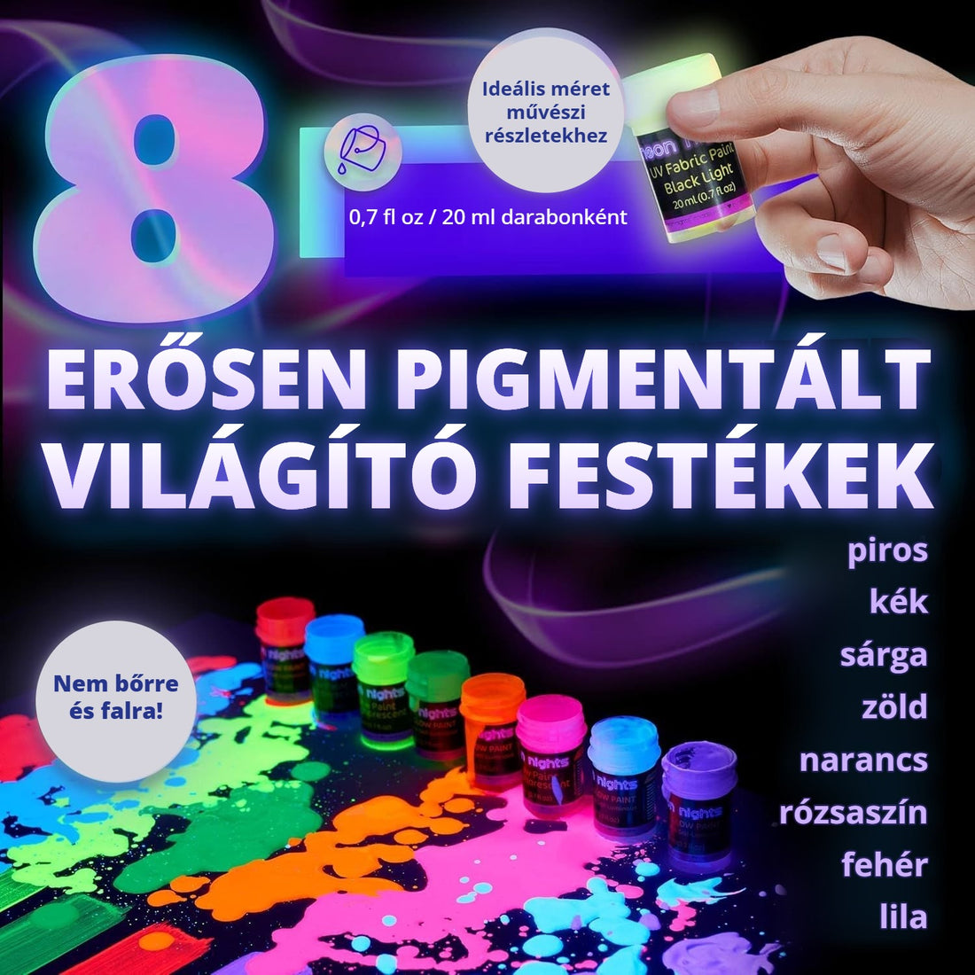 8 erősen pigmentált, UV-fényben világító textilfesték, 20 ml darabonként