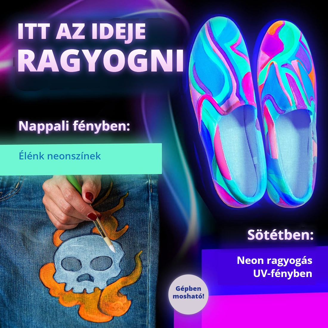 UV textilfesték – nappal élénk neonszínek, sötétben neon ragyogás, gépben mosható