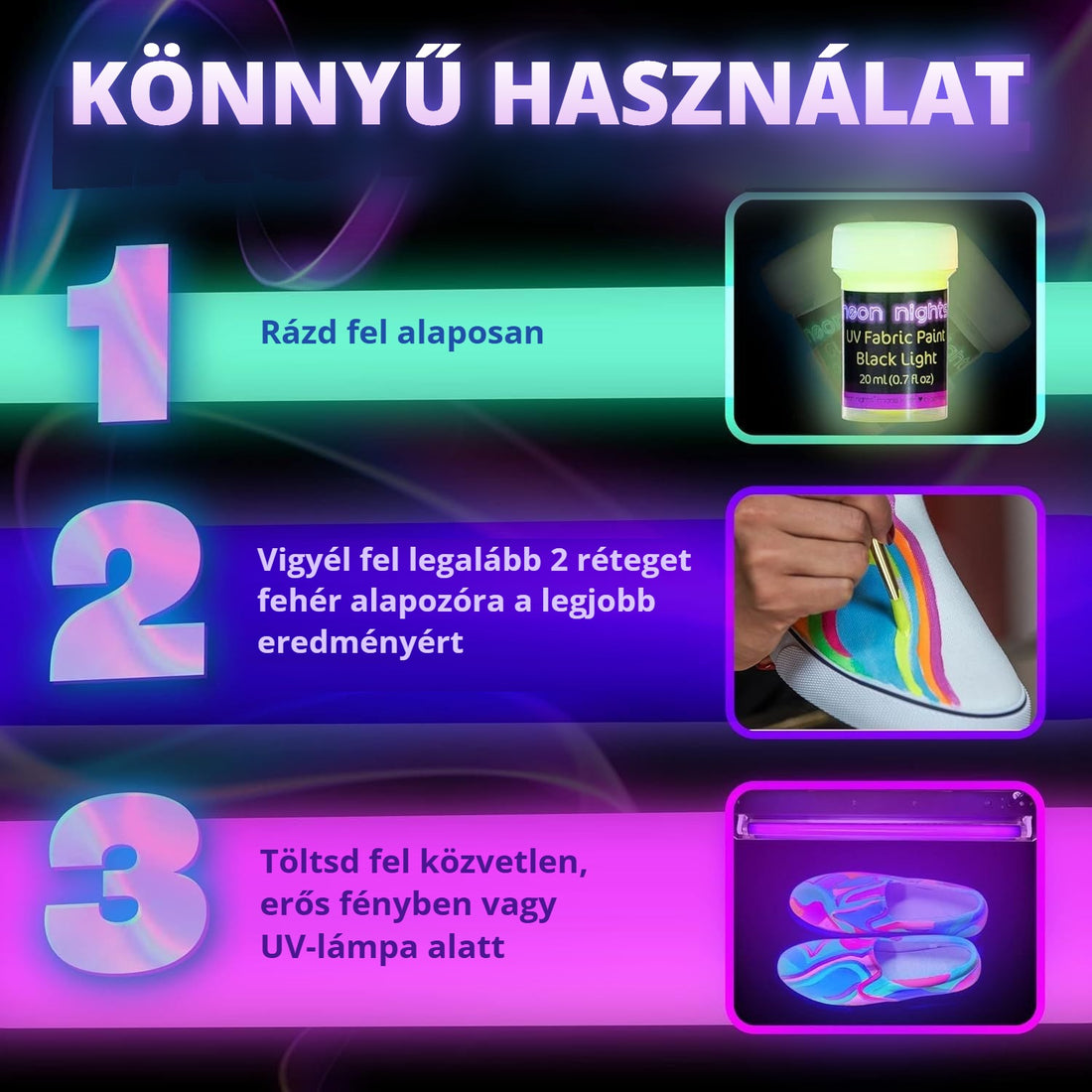 UV textilfesték használata 3 lépésben – rázd fel, vigyél fel 2 réteget, töltsd fel fényben
