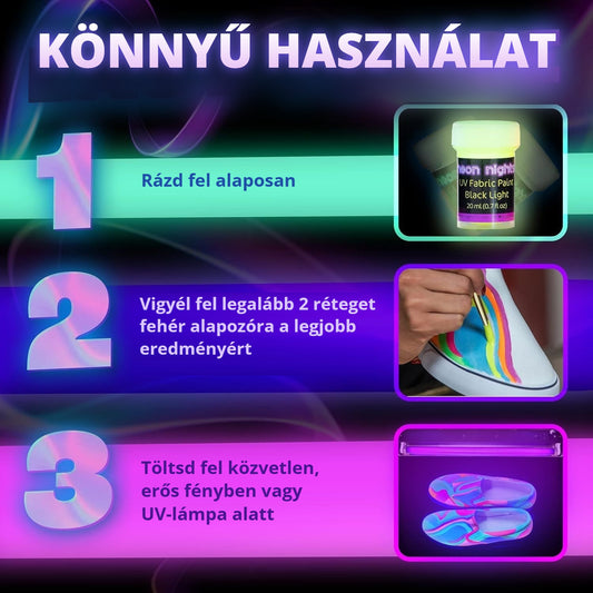 UV textilfesték használata 3 lépésben – rázd fel, vigyél fel 2 réteget, töltsd fel fényben