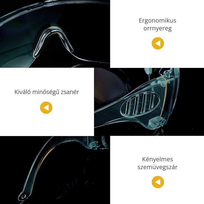 Védőszemüveg ergonomikus orrnyereggel, kiváló zsanérral és kényelmes szárral