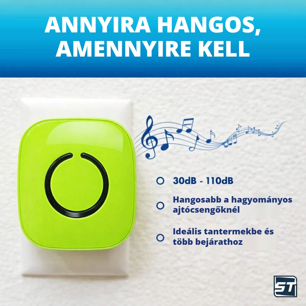 Vezeték nélküli ajtócsengő 30–110 dB állítható hangerővel