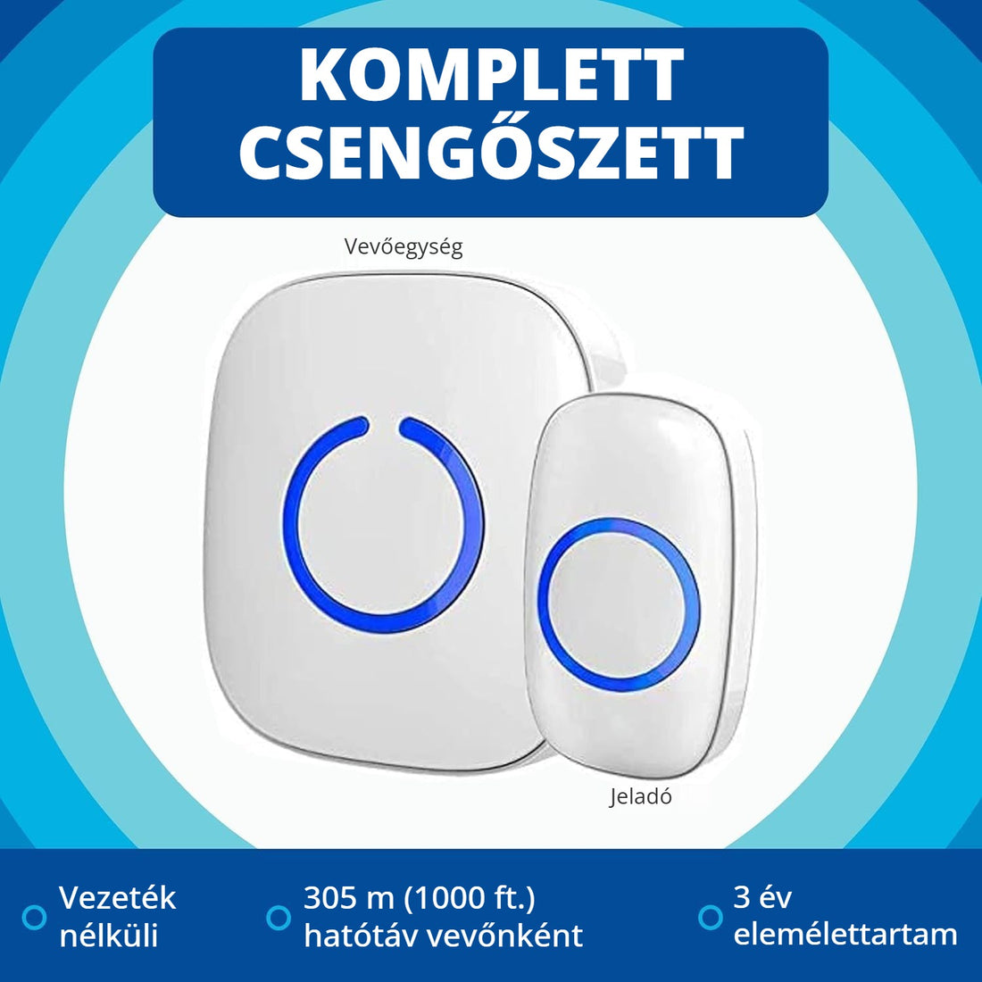 Vezeték nélküli ajtócsengő szett – vevőegység és jeladó, 305 m hatótáv