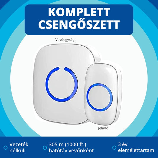 Vezeték nélküli ajtócsengő szett – vevőegység és jeladó, 305 m hatótáv